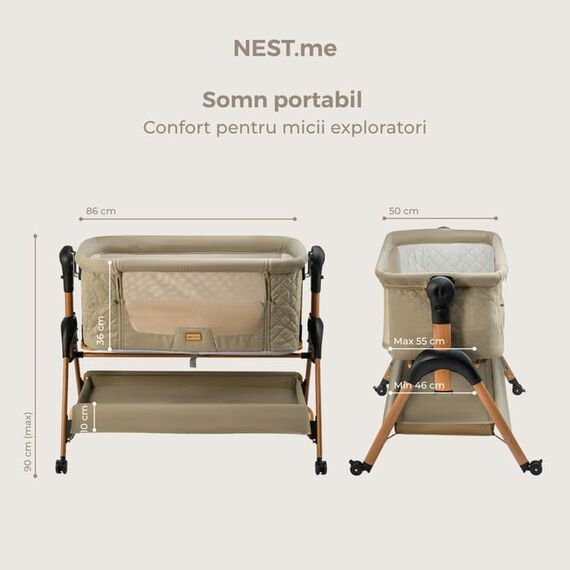 Patut co-sleeper ONINO NEST.me, Misty Taupe, Culoare: Crem, Dimensiuni: 80x50 - poza 10 - ExclusivMAG.ro