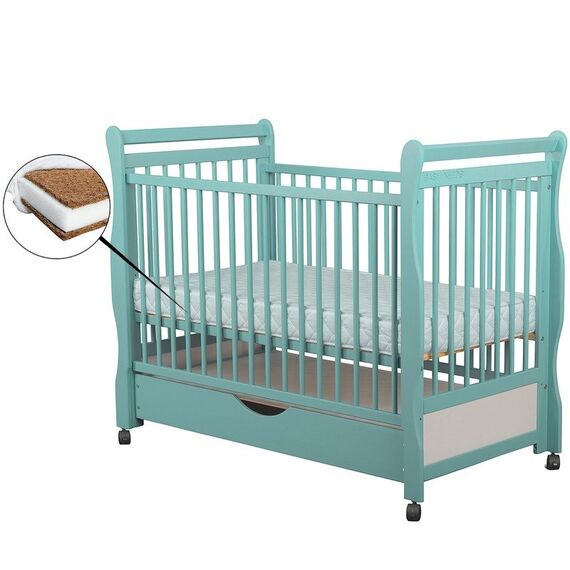 Patut din lemn BabyNeeds Jas 120x60 cm, cu sertar, Mint + Saltea 10 cm  - ExclusivMAG.ro