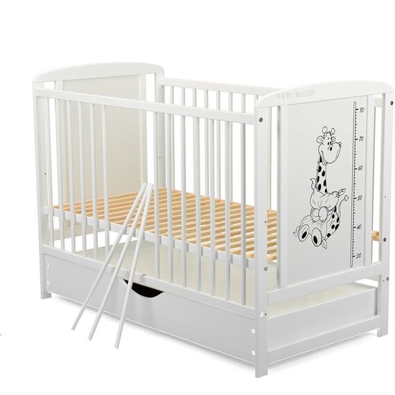 Patut din lemn BabyNeeds Timmi Girafa 120x60 cm, cu sertar, Alb  - ExclusivMAG.ro