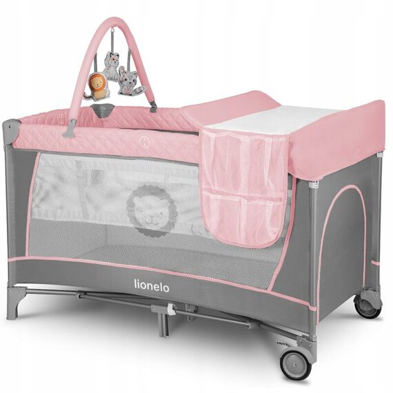 Lionelo - Patut pliant cu nivel suplimentar si arcada, Flower, Gri/ Roz, Culoare: Roz, Dimensiuni: 120x60  - ExclusivMAG.ro